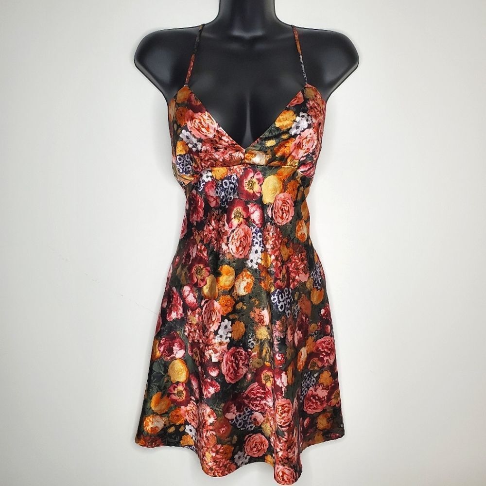 Vintage Floral Mini Dress in Black, Red, Orange, Yellow